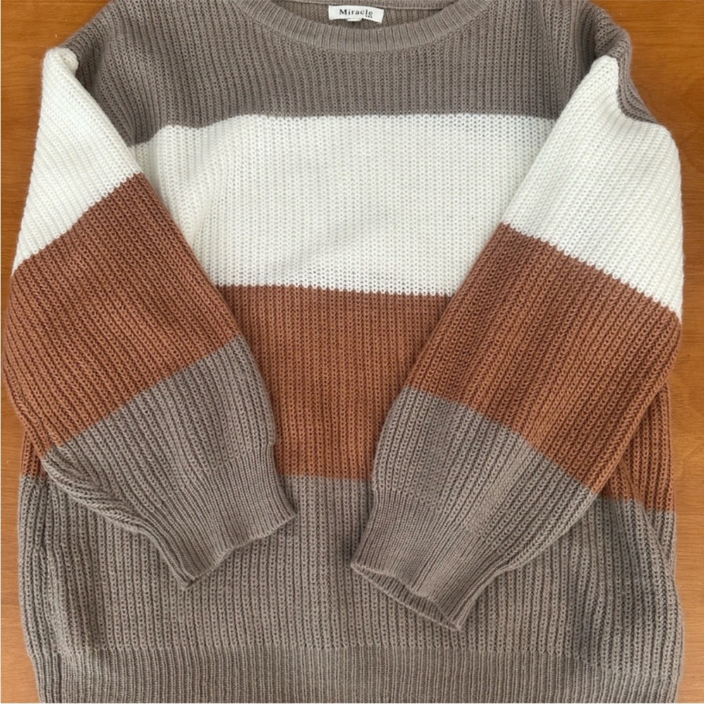 Miracle Crewneck Sweater in Brown and White with Textured Knit